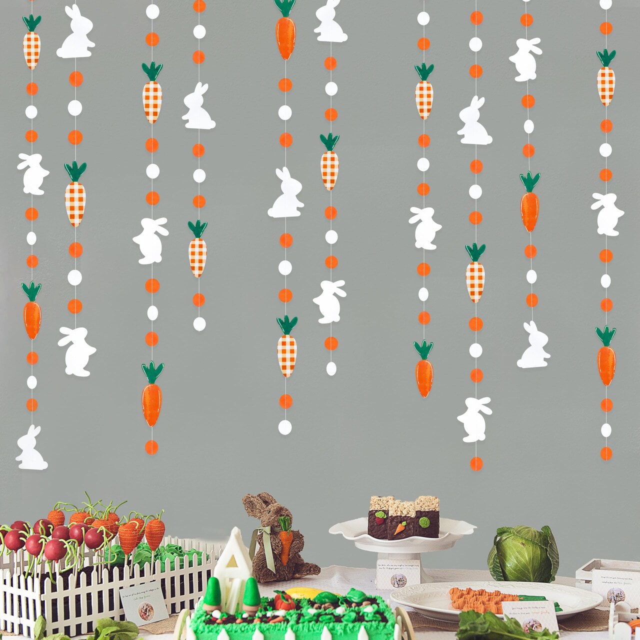 Easter Party Decorations - Bunny Carrot Circle Dot Garland Streamer Hanging Paper Buffalo Plaid Carrot Polka Dot Rabbit Banner for Spring Day Party Supplies